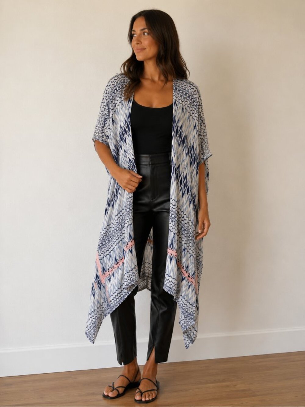 Blue and White Open-Front Patterned Women's Kimono Tunic